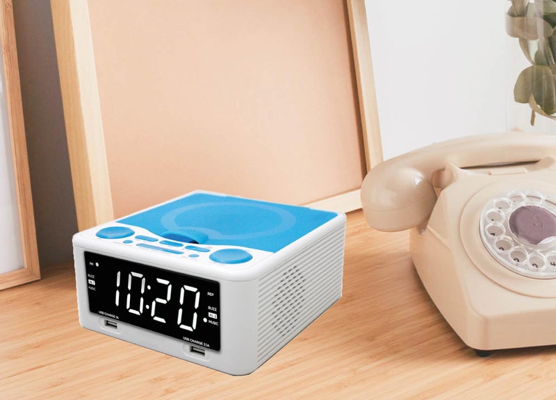 HANNLOMAX HX-300CD Top Loading CD Player, PLL FM Radio, Digital Clock, 1.2" White LED Display, Dual Alarms, Dual USB Ports for 2.1A and 1A Charging, AC/DC Adaptor Included (White_Blue) - Image 5
